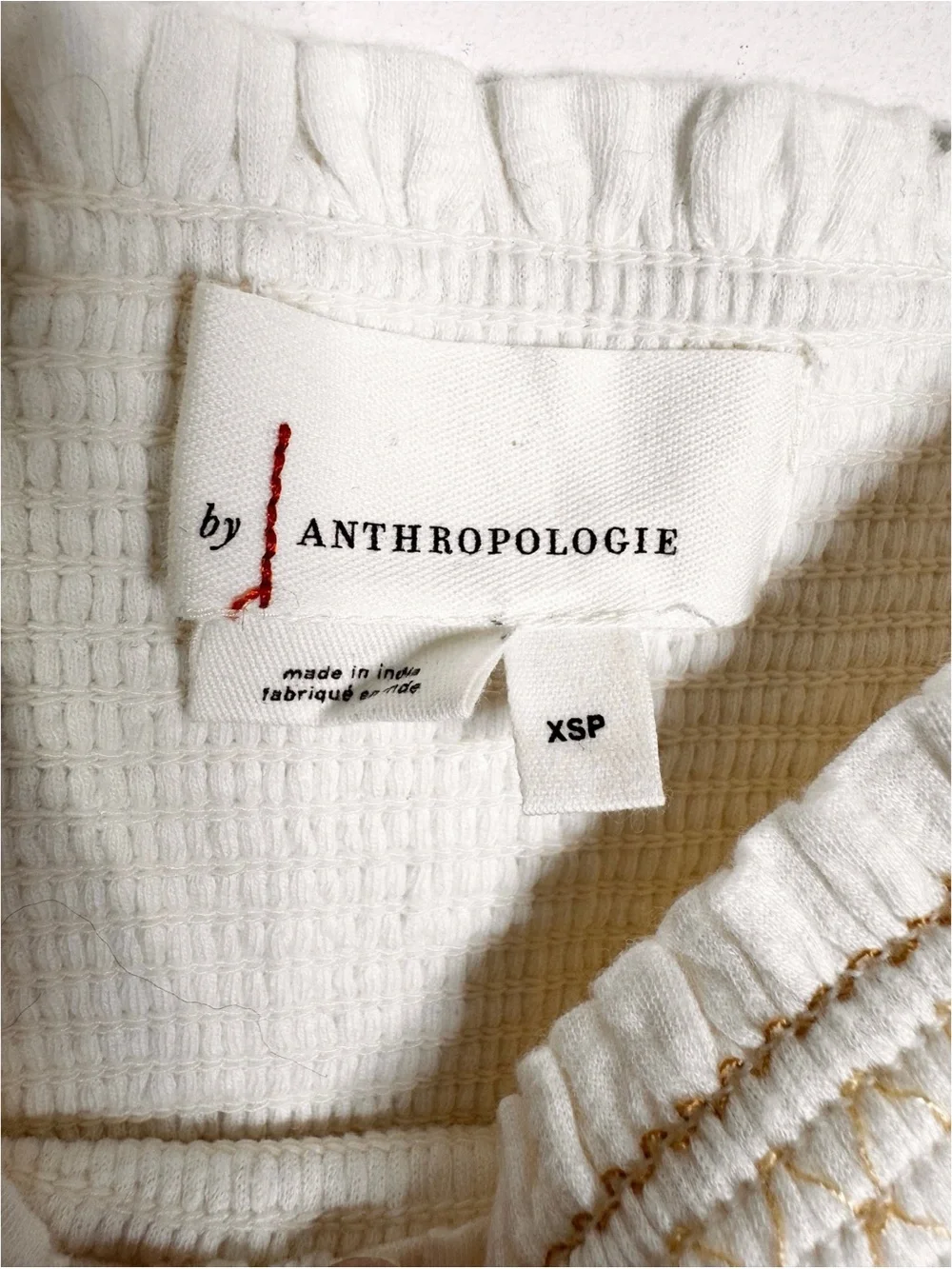 Anthropologie Cotton Embroidered Smocked Peasant Top Blouse Cream Brown Size XS